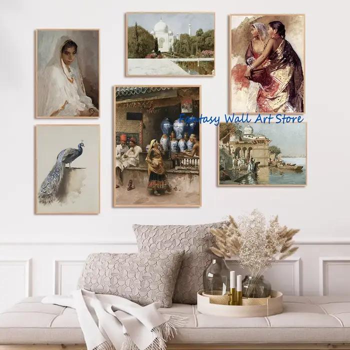 Peinture sur toile vintage de paysage urbain indien antique avec paon et Taj Mahal