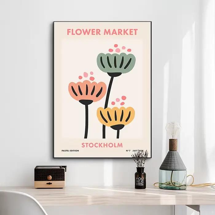 Affiche abstraite colorée rétro du marché des fleurs d'amsterdam