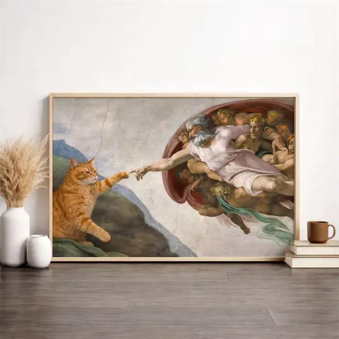 Impression murale créative et amusante de la Création d'Adam avec chat orange