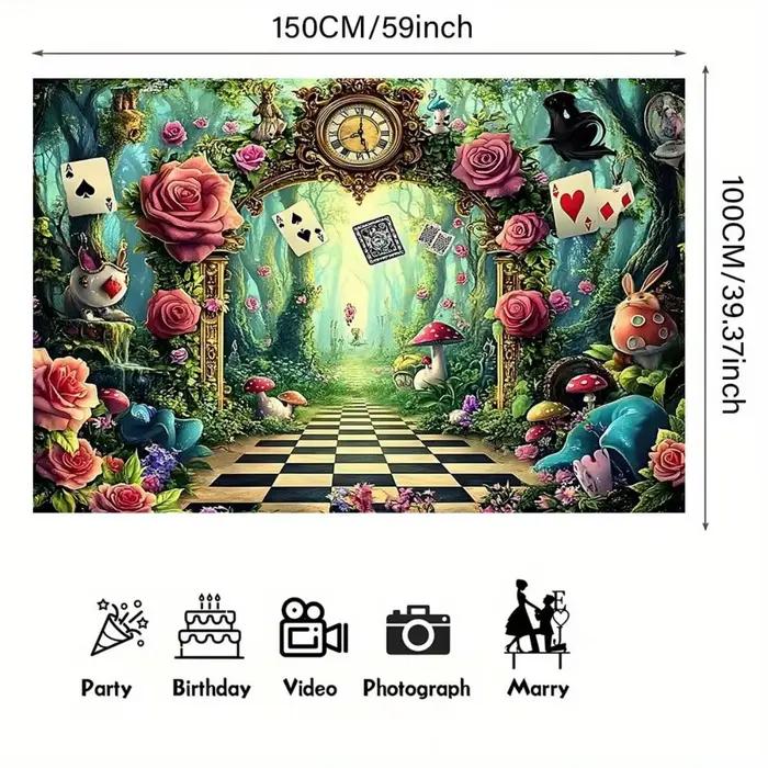 Tapisserie murale Alice au pays des merveilles, décoration de jardin de forêt fantastique, chemin de jeu d'échecs, horloge rose, thème Alice, décoration de chambre, impression 2D plate