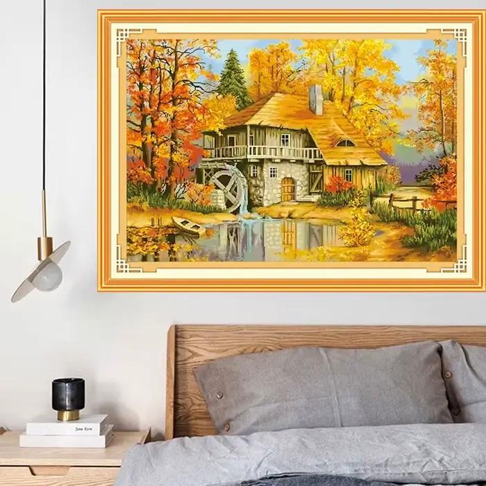 Peinture de cabine d'automne sur toile imprimée