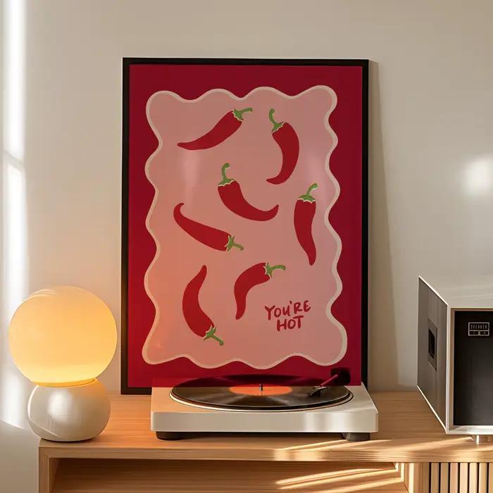 Chili Print You're Hot Wall Art, affiche rétro Chilli Pepper, décor de cuisine mignon, impression rose et rouge tendance, impression de poivre dessinée à la main