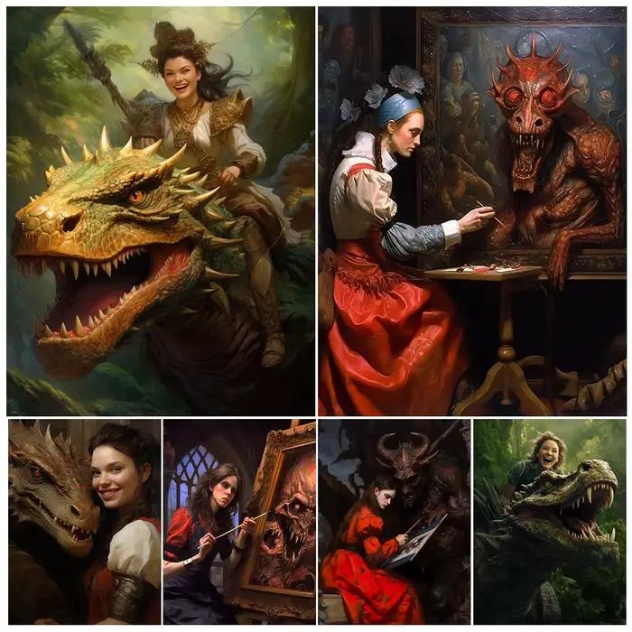 Guerrier féminin chevauchant un Dragon et femme, peinture de démons, toile d'art mural pour dames et monstres, affiche d'art et décor imprimé