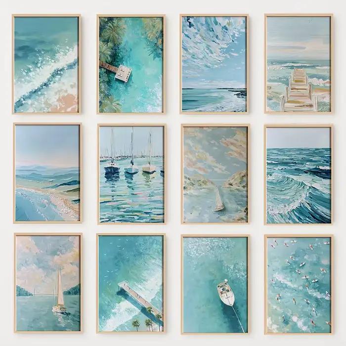 Affiche abstraite côtière bleu clair océan ciel paysage marin vagues de plage Shoreline toile peinture Art mural pour salon décor à la maison