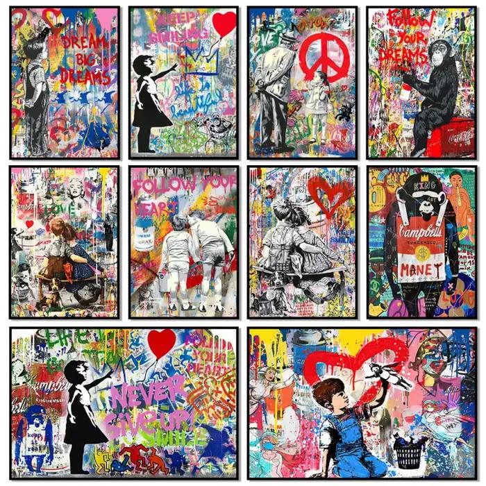Pop Rue Graffiti Mur Art Banksy Garçon Fille Dans L'amour HD Huile Sur Toile Affiches Et Impressions Pour Salon Chambre Décor