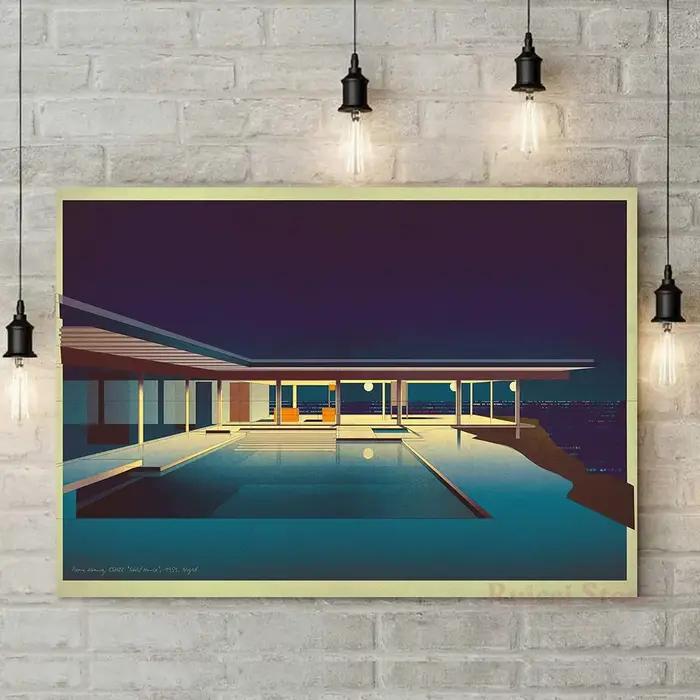 Pierre Koenig Stahl House Night View Canvas Poster Pool Villa Architecture