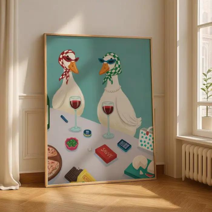Affiche imprimable en toile d'art mural de vin de canard drôle avec une élégante scène de fromage