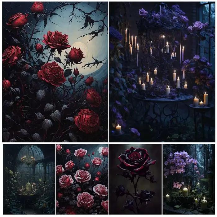 Vignes et roses rouges dans le château abandonné Art mural vintage