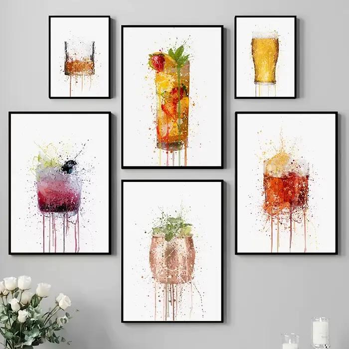 Affiche d'interconnexion de verre à vin rouge, flûte à champagne cocktail, peinture sur toile, art mural, image, bars et cuisine, décoration d'intérieur