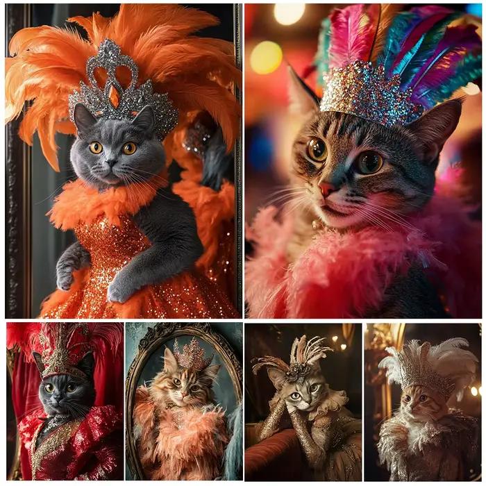 Affiche de carnaval reine chat paillettes plume animal de compagnie mode mur Art toile peinture mignon