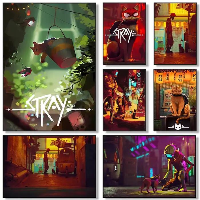 Affiche de jeu Stray, Peinture sur toile murale moderne d'aventure vidéo sur le thème de la survie des chats