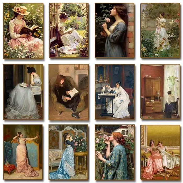 Vintage femme lecture odeur Roses Portrait toile peinture impression mur Art photo pour salon décor à la maison Cuadros