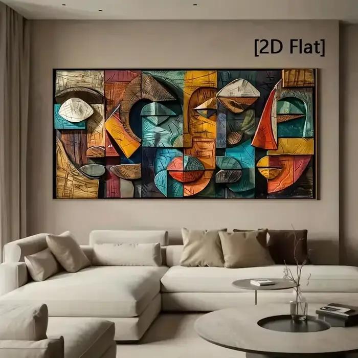 [2D plat] Décoration murale d'art en bois géométrique abstrait moderne – Impression sur toile sans cadre avec des tons
