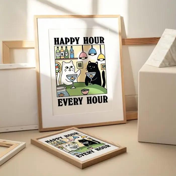 Happy Hour Every Hour – imprimés d'art mural de chat de dessin animé