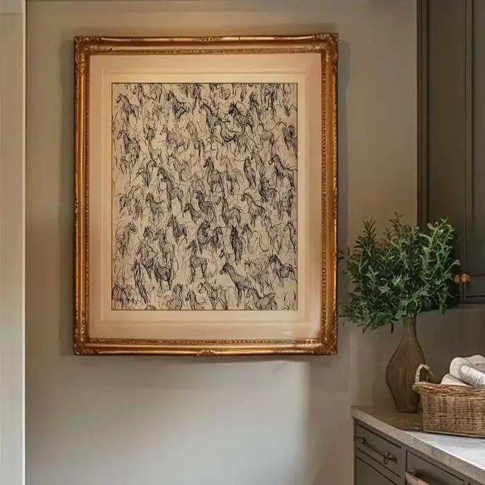 Affiche murale imprimable avec croquis de chevaux sauvages, impression artistique équestre minimaliste vintage, images murales vives pour la maison