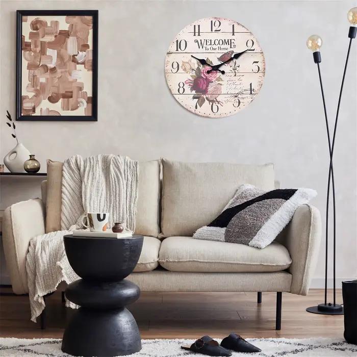 Rétro fleur papillon "Benvenue à notre maison" modèle horloge murale en bois salon chambre cuisine décoration