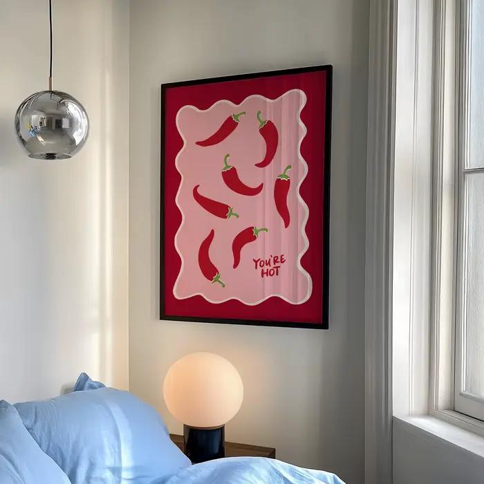 Chili Print You're Hot Wall Art, affiche rétro Chilli Pepper, décor de cuisine mignon, impression rose et rouge tendance, impression de poivre dessinée à la main