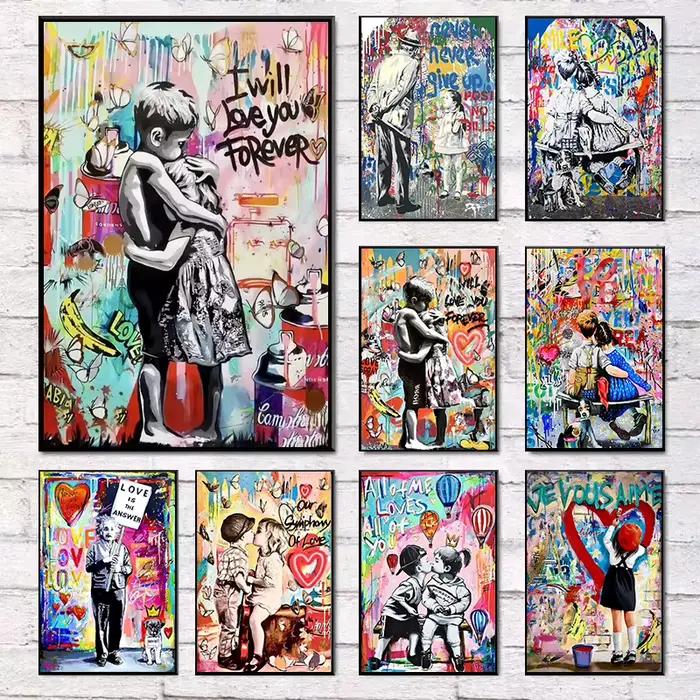 Banksy Art mural je t'aime pour toujours inspiré Graffiti Pop Art toile peinture enfants baiser rue affiche impressions pour décor de chambre