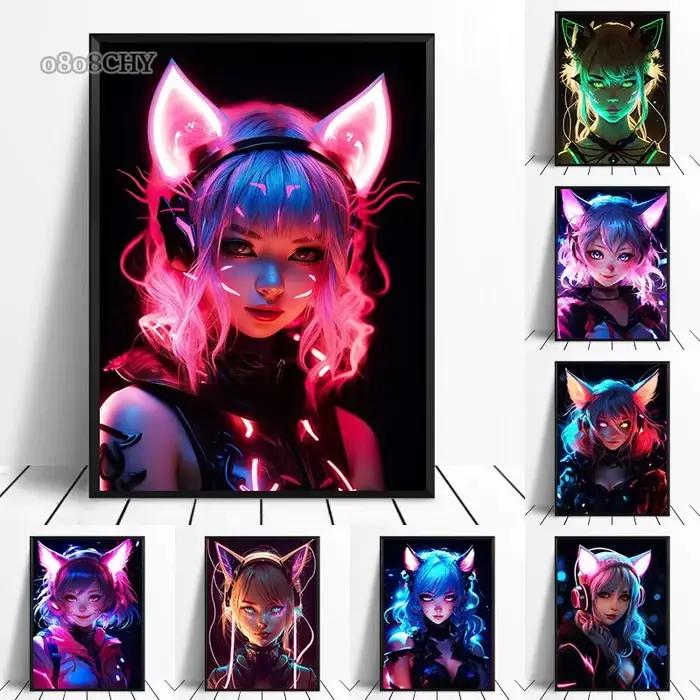 Néon Anime chat fille affiches imprime toile peinture Manga