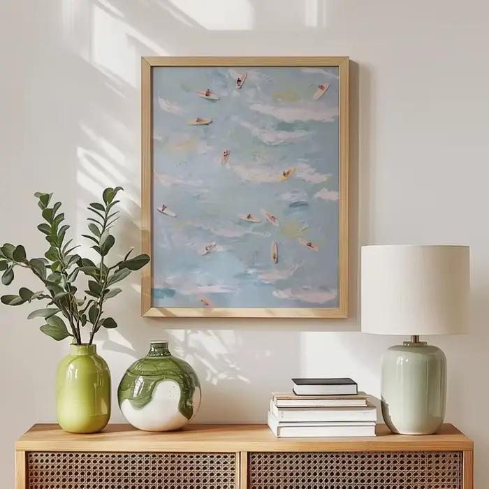 Affiche abstraite côtière bleu clair océan ciel paysage marin vagues de plage Shoreline toile peinture Art mural pour salon décor à la maison