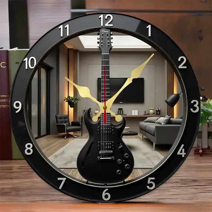 Horloge murale suspendue silencieuse ronde en bois en forme de guitare électrique plate 2D, pour salon, bureau, salle d'étude, chambre à coucher, décoration de la maison