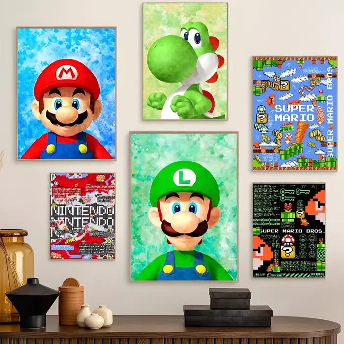 Affiche d'art auto-adhésive Super Mario Bros, autocollant mural fantaisie pour décoration de salon et de Bar, peinture décorative Vintage