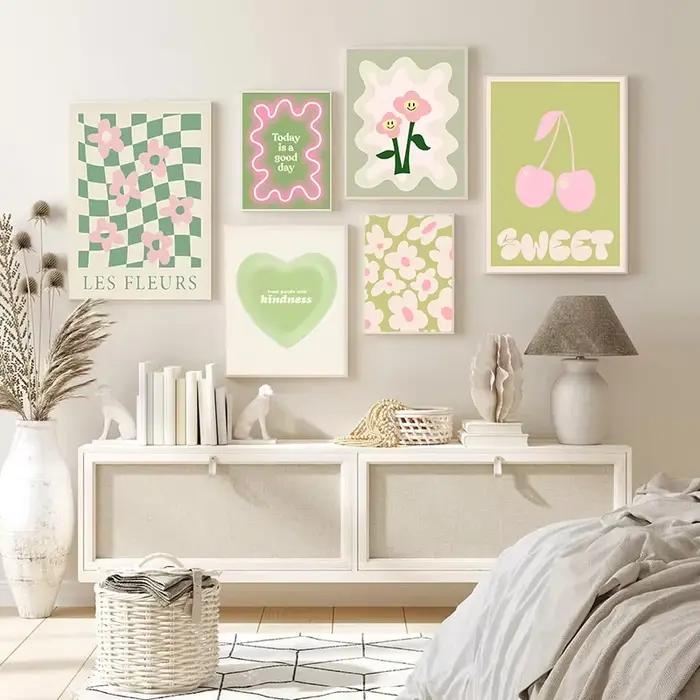 Boho vert coeur mode mur Art coloré cerise rose