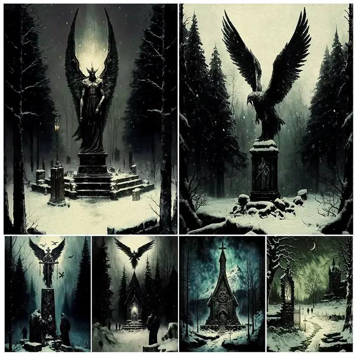 Une église et une église mystérieuse Vintage mur Art toile impression Statues d'anges et de croix déchus dans les cimetres Art Psoter imprimer