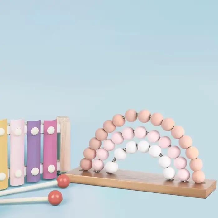 Arc-en-ciel fille 3D bébé chambre décor rose en bois perlé mur Art autonome bohème pépinière salle de jeux