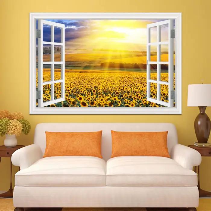 Autocollant Mural en Vinyle avec Fleurs Jaunes et Tournesols