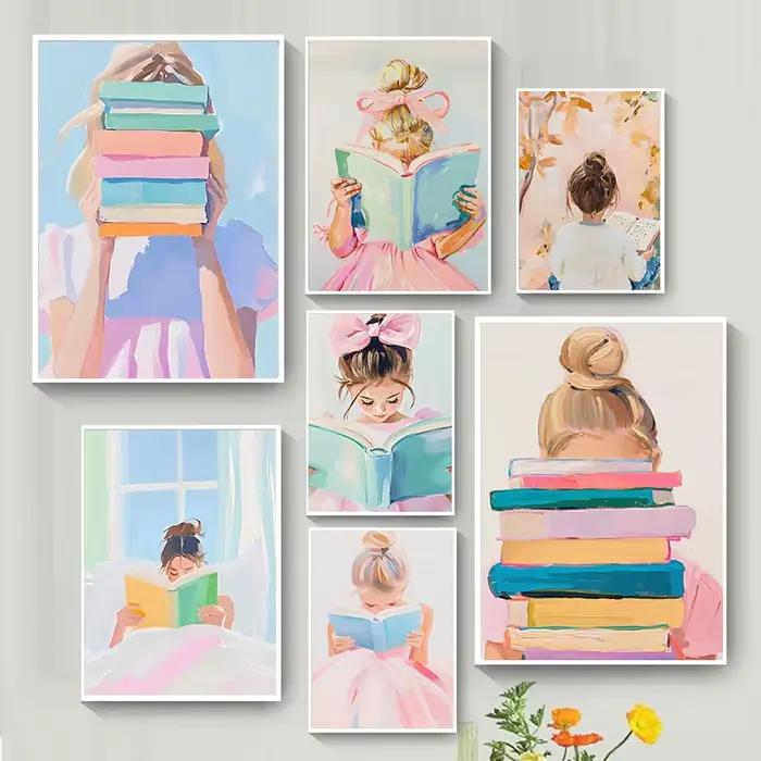Affiche d'art moderne avec une fille blonde mignonne lisant un livre