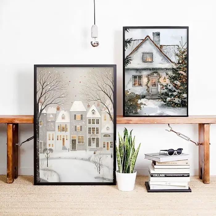 À Paris maison de neige arbre de noël ville enneigée mode mur Art toile peinture nordique affiche décor romantique hiver