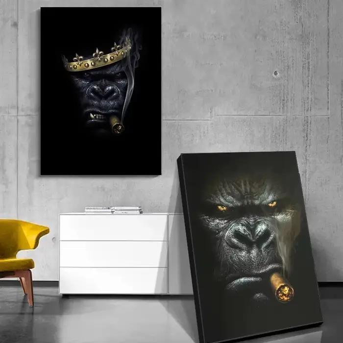 Peinture drôle de gorille fumant de cigares sur toile