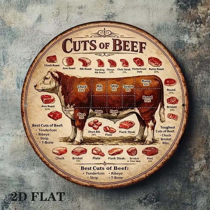 Panneau en aluminium rond 2D plat rétro avec tableau de découpe de viande - Guide