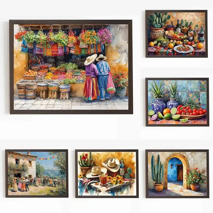 Vintage coloré mexique mur Art marché vie peinture traditionnelle HD toile imprimée affiche maison salon chambre décoration