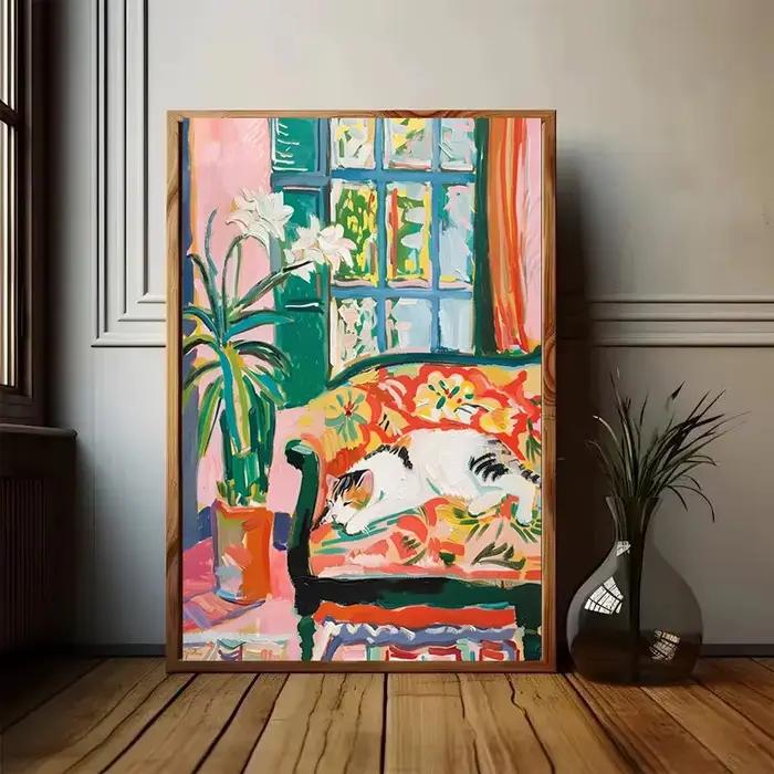 Affiche d'art chat noir léopard couché canapé toile peinture impression mur salon décor à la maison femme