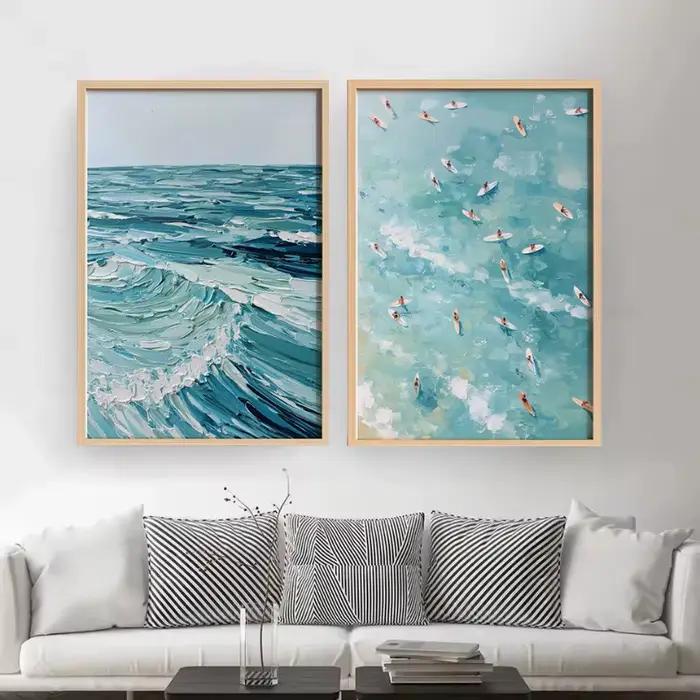 Affiche abstraite côtière bleu clair océan ciel paysage marin vagues de plage Shoreline toile peinture Art mural pour salon décor à la maison