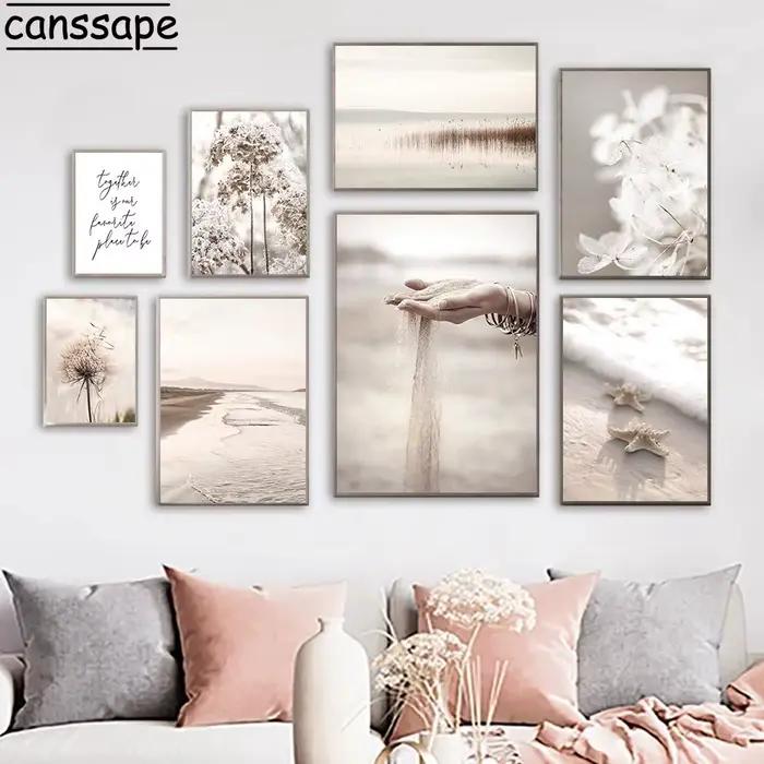 Toile de peinture de paysage Beige, roseau, pissenlit, fleur, images murales, mer, plage, sable, main, affiches nordiques, décor de salon