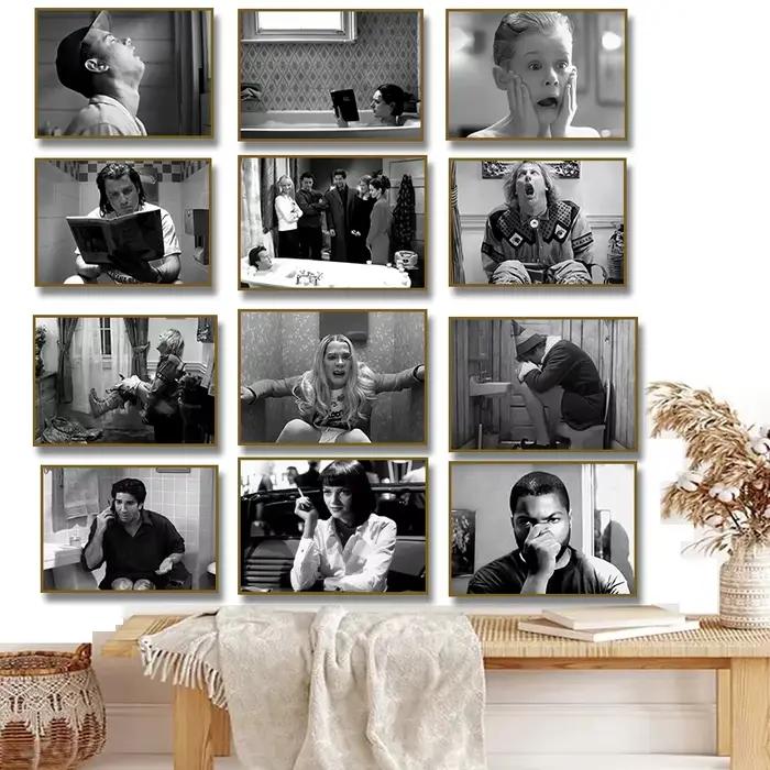 Scènes de film drôles, série d'art de salle de bains, affiche imprimée sur toile noire et blanche, images murales de maison, décor de toilettes moderne