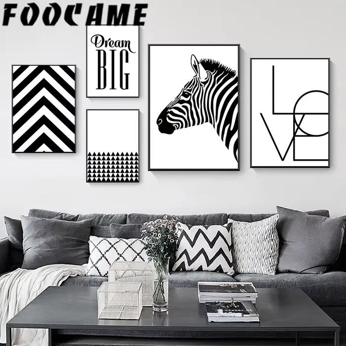 Peinture sur toile à imprimé abstrait géométrique zèbre noir et blanc