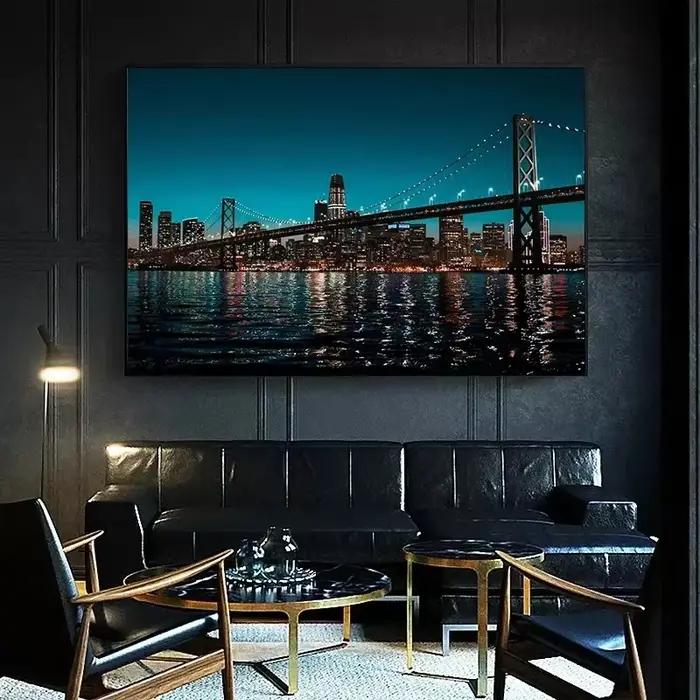 Affiche de construction néon de paysage d'horizon nocturne de ville de New York, peinture sur toile, images d'art murales pour décoration de salon et de maison