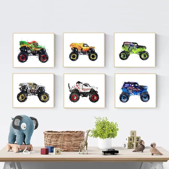 Peinture d'art aquarelle de dessin animé Monster Truck, toile imprimée, affiches nordiques modernes, cadeaux pour garçons, décoration de chambre d'enfants, images