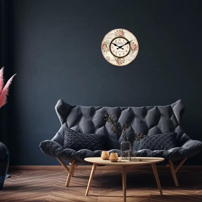 Français Romantique Marseille Rose Bouquet Modèle Horloge murale en bois Salon Chambre Cuisine Décoration de la maison Horloge murale Horloge à quartz silencieuse Cadeau de vacances 10 pouces 12 pouce