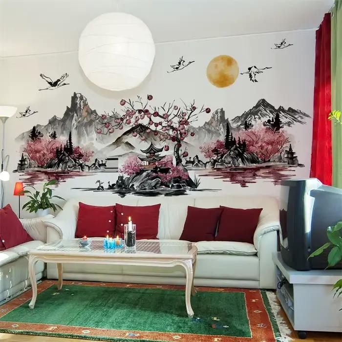 Autocollants muraux grue de peinture de paysage de Style chinois
