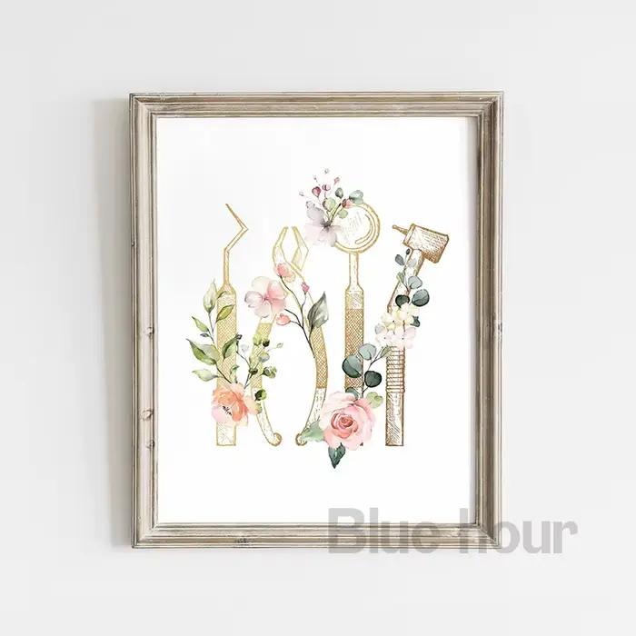 Affiches d'art mural de dentiste en or avec fleurs