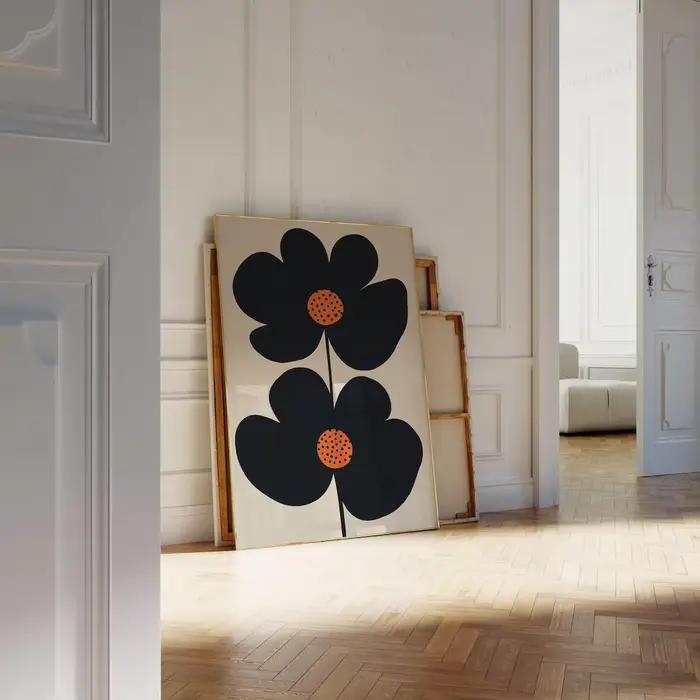 "Imprimé d'art floral minimaliste moderne du milieu du siècle : design double fleur noir audacieux avec des centres de