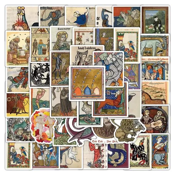 50 autocollants rétro à motifs d'art médiéval pour DIY, téléphone, ordinateur portable, bagages, skateboard, graffiti – Amusants pour enfants, jouets, cadeaux de fête