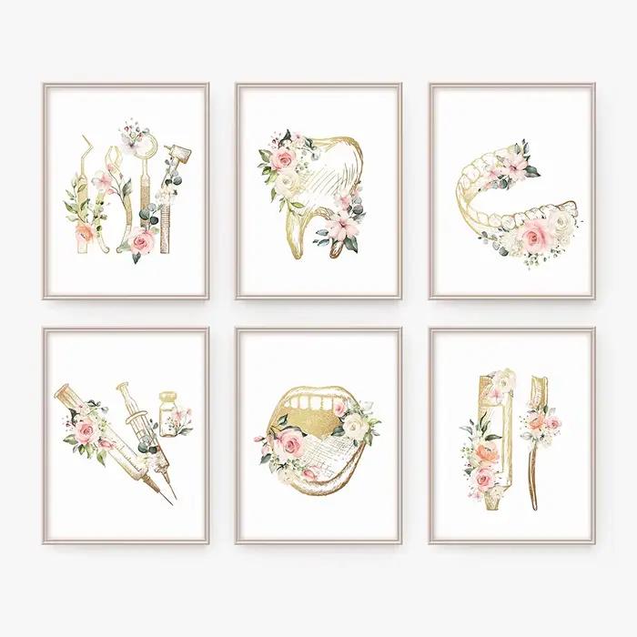 Affiches d'art mural de dentiste en or avec fleurs