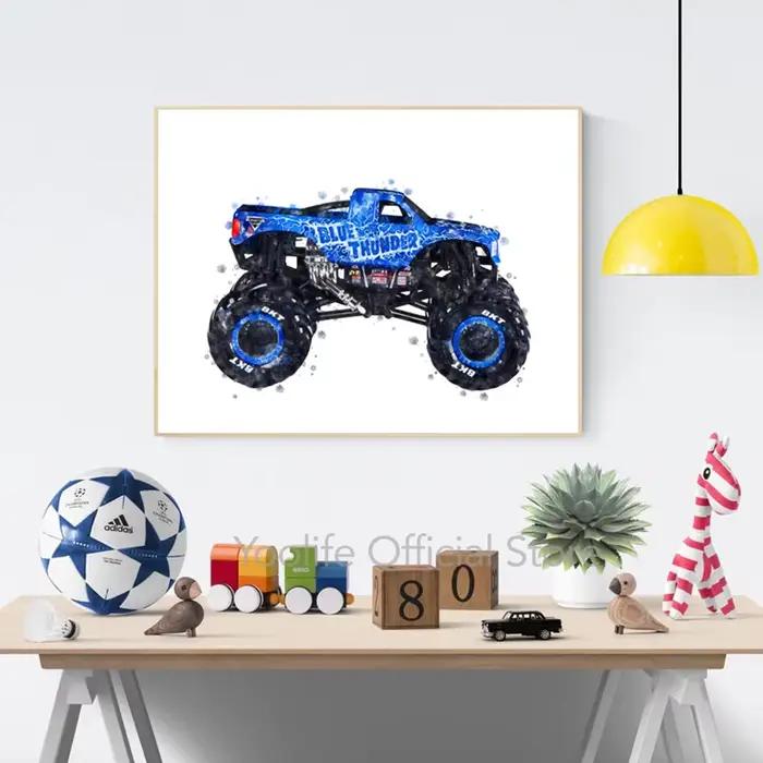Peinture d'art aquarelle de dessin animé Monster Truck, toile imprimée, affiches nordiques modernes, cadeaux pour garçons, décoration de chambre d'enfants, images