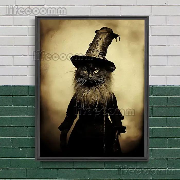 Peinture sur toile d'art mural antique de chat noir de sorcière